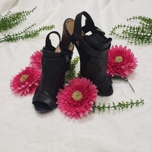 Black, open toe, leather casual heels